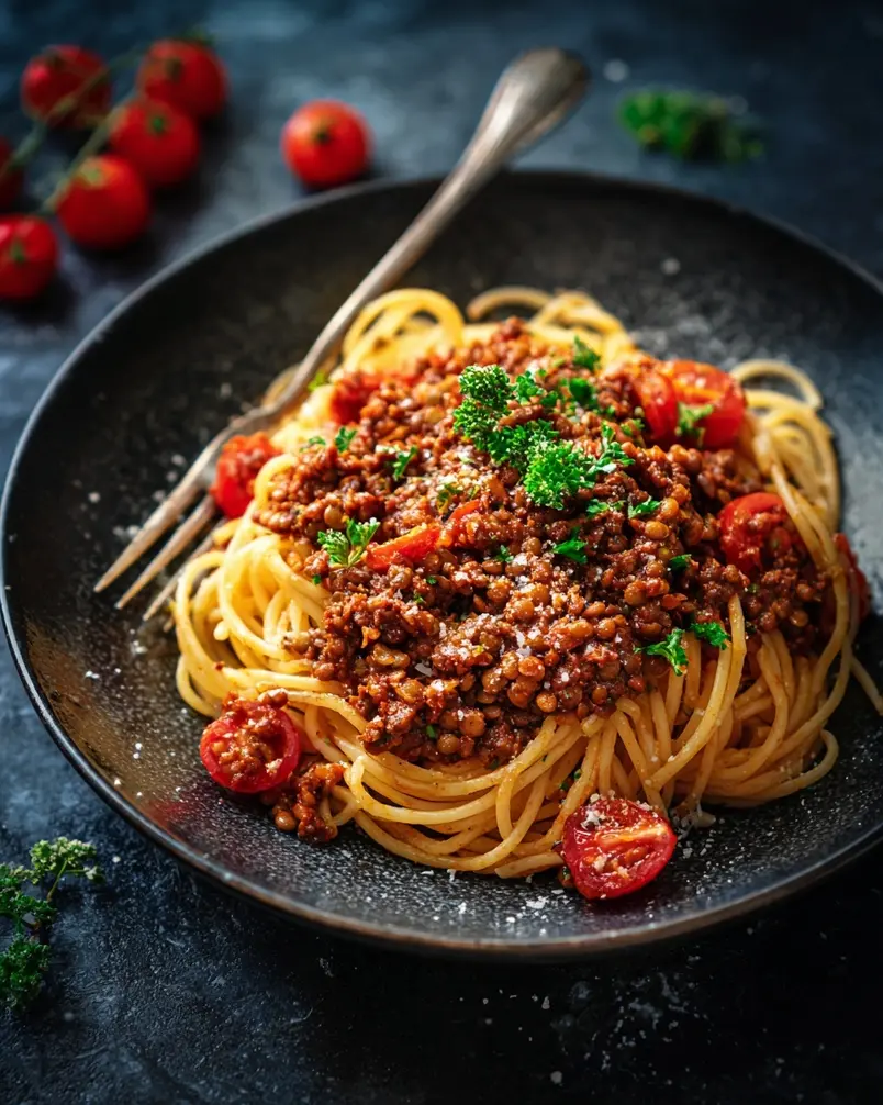 Vegan Lentil Bolognese 3 Vegan Lentil Bolognese simmering in a pot on the stove.