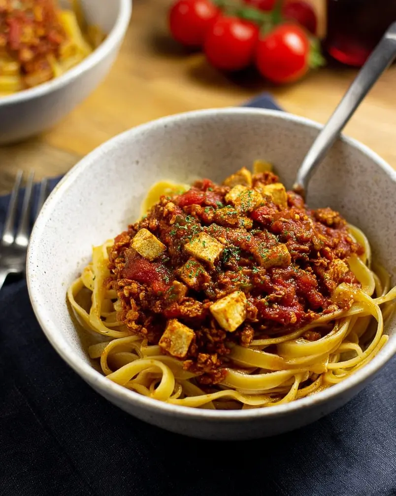 Vegan Tofu Bolognese 2 Vegan Tofu Bolognese cooking in a pot