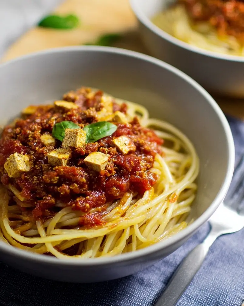 Vegan Tofu Bolognese 3 Plated vegan tofu bolognese