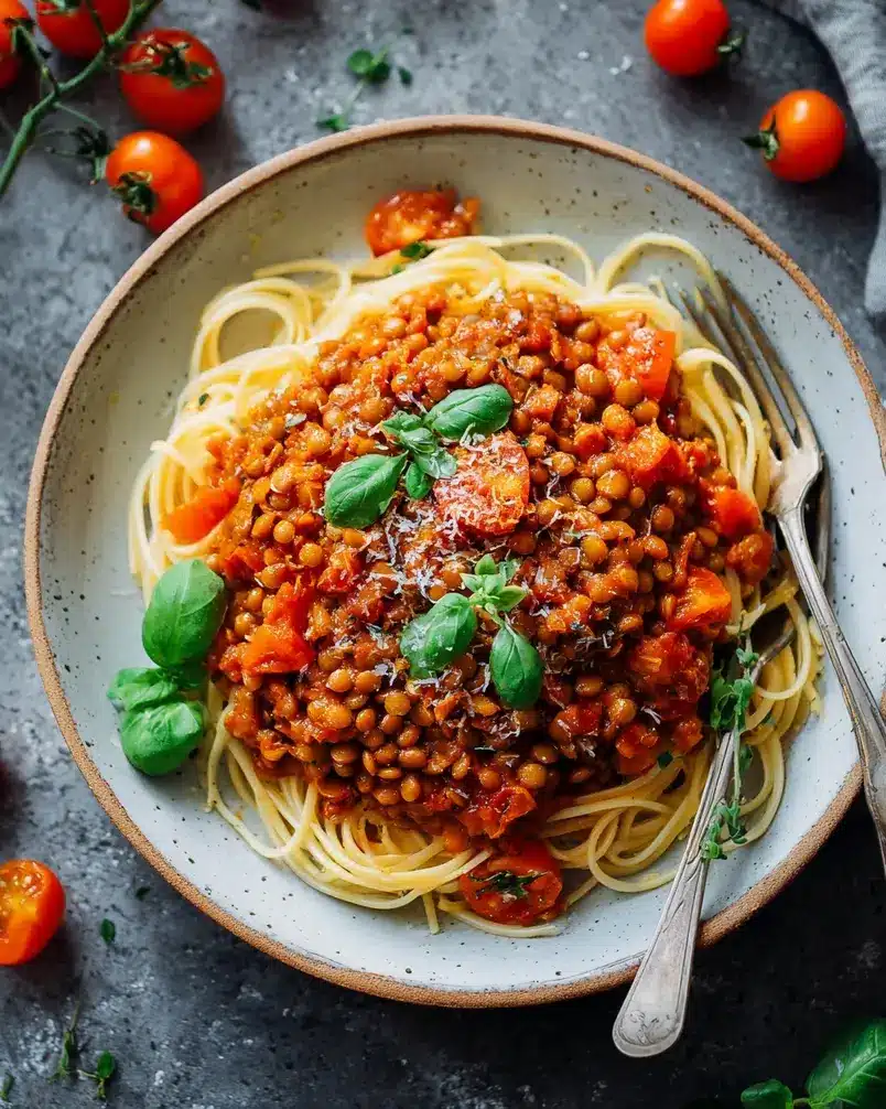 Vegan Lentil Bolognese 2 Ingredients prepped for Vegan Lentil Bolognese: lentils, vegetables, and herbs.