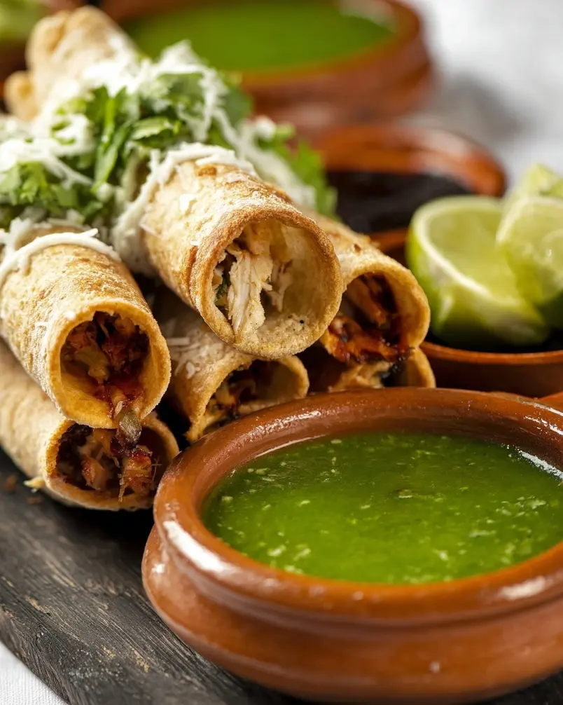 Chicken flautas in green sauce 3 Frying chicken flautas in hot oil. The flautas are golden brown and crispy.