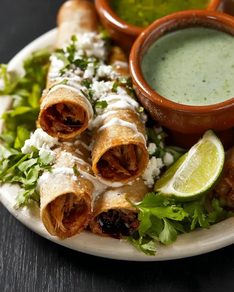 Chicken flautas in green sauce 2 Ingredients for making chicken flautas in green sauce. Cooked chicken, tortillas, green sauce, and toppings are laid out on a table.