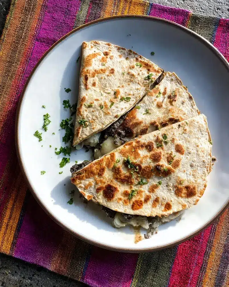 Huitlacoche quesadillas 3 Cheese oozing out of a Huitlacoche queasadilla