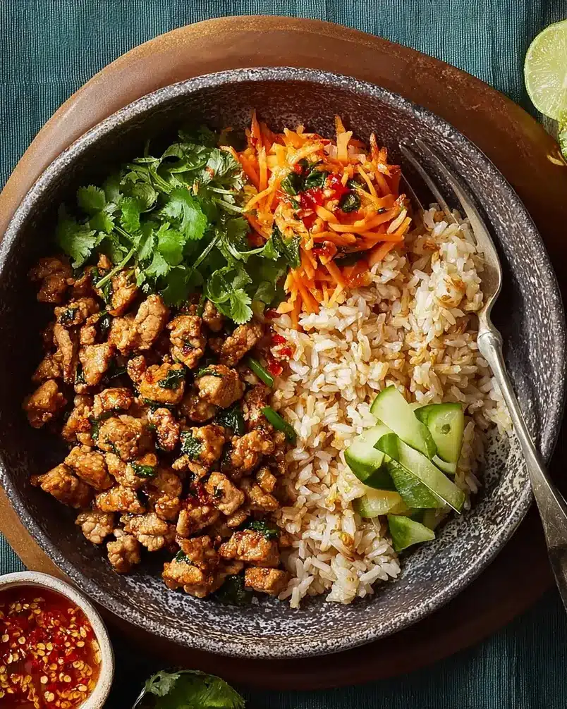 Quick Gochujang Pork & Rice Bowls 3 Cooking process image. Ground pork is being stir-fried in a pan with gochujang sauce and vegetables.