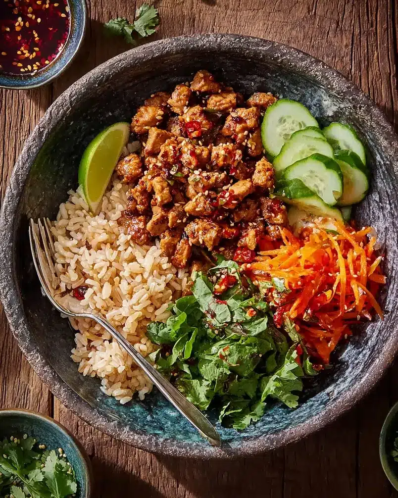 Quick Gochujang Pork & Rice Bowls 2 Recipe preparation image. Ground pork, gochujang sauce, rice, and vegetables are laid out on a counter, ready for cooking.