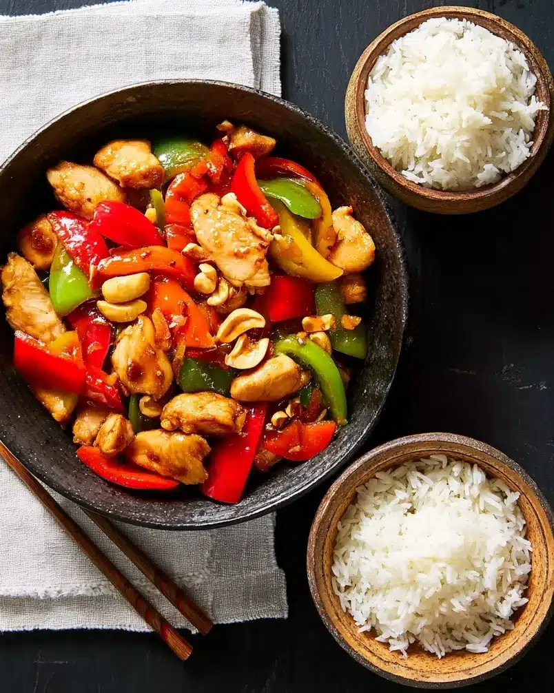 Kung Pao Chicken with Bell Peppers 2 Cooking process image: Stir-frying Kung Pao Chicken with colorful bell peppers.