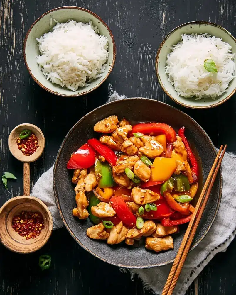 Kung Pao Chicken with Bell Peppers 3 Recipe preparation image: Freshly cooked Kung Pao Chicken with Bell Peppers served in a bowl.
